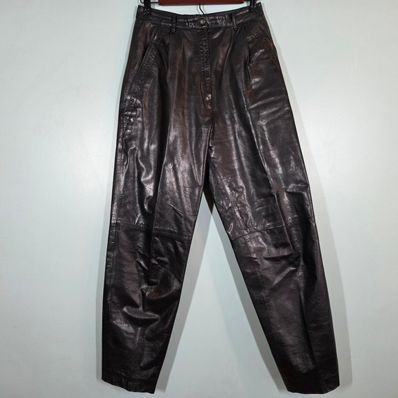 Intuitions Pants - Intuition Vintage Black Leather Pants High Waisted Pleated Tapered Leg Womens‎ 8